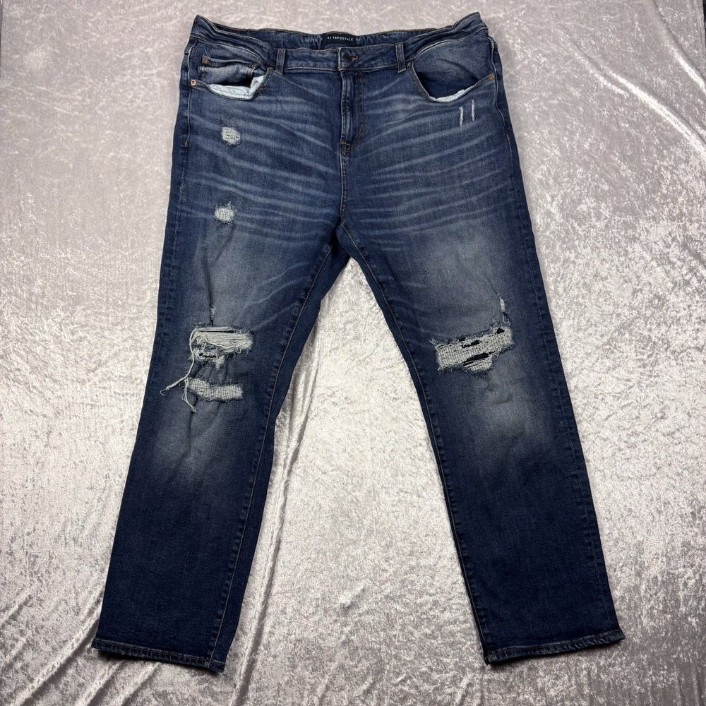 Aeropostale Men's Slim Straight Jeans Distressed Medium Blue Denim 40x30